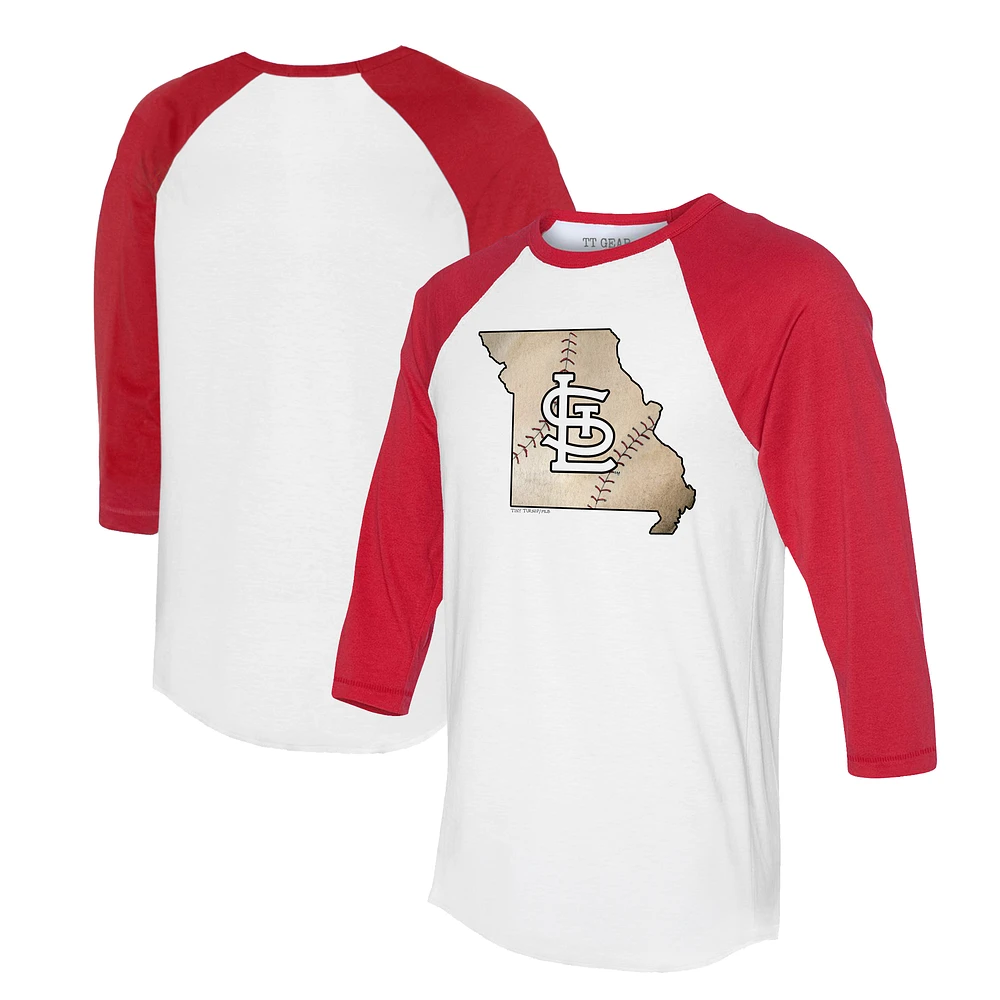 Unisex Tiny Turnip White/Red St. Louis Cardinals State Outline 3/4-Sleeve Raglan T-Shirt