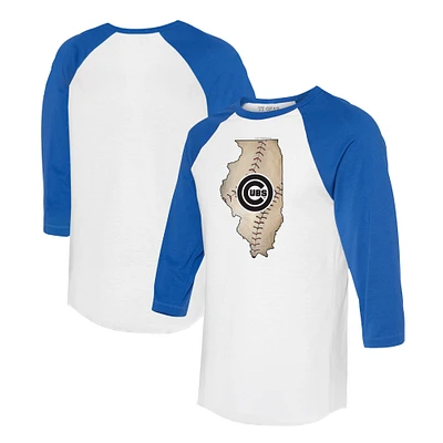 Unisex Tiny Turnip White/Royal Chicago Cubs State Outline 3/4-Sleeve Raglan T-Shirt