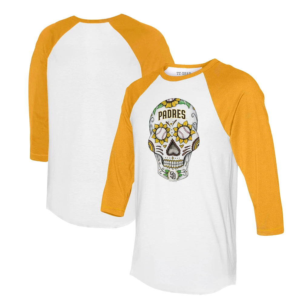 Unisex Tiny Turnip White/Gold San Diego Padres Sugar Skull 3/4-Sleeve Raglan T-Shirt