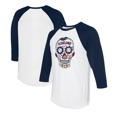 Unisex Tiny Turnip White/Navy Cleveland Guardians Sugar Skull 3/4-Sleeve Raglan T-Shirt