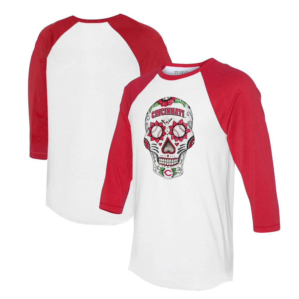 Unisex Tiny Turnip White/Red Cincinnati Reds Sugar Skull 3/4-Sleeve Raglan T-Shirt