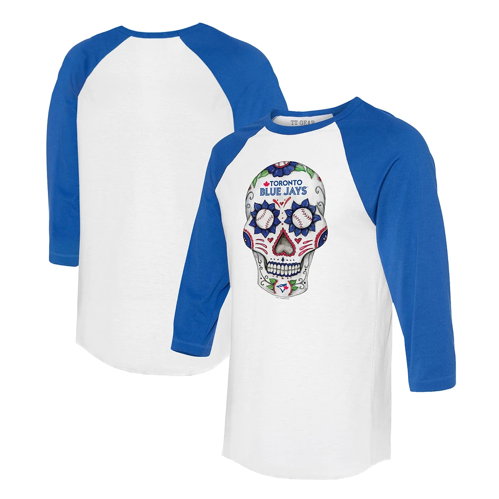 Unisex Tiny Turnip White/Royal Toronto Blue Jays Sugar Skull 3/4-Sleeve Raglan T-Shirt
