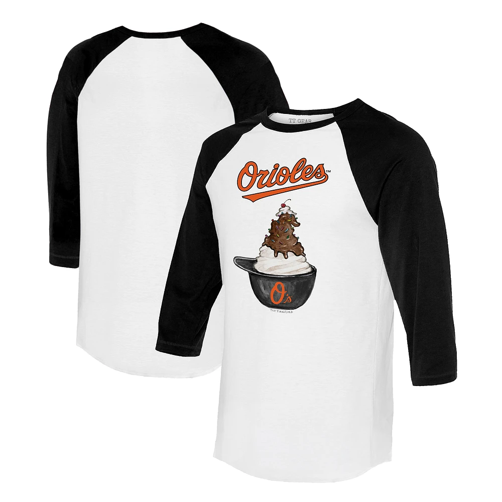 Unisex Tiny Turnip White/Black Baltimore Orioles Sundae Helmet 3/4-Sleeve Raglan T-Shirt