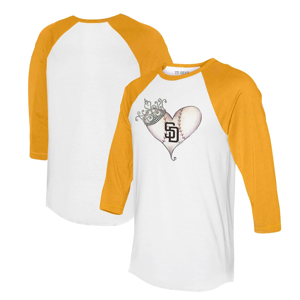 Unisex Tiny Turnip White/Gold San Diego Padres Tiara Heart 3/4-Sleeve Raglan T-Shirt