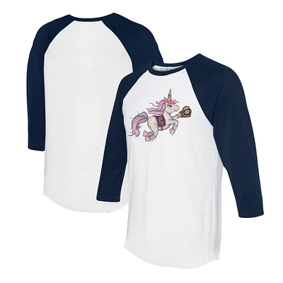 Unisex Tiny Turnip White/Navy Cleveland Guardians Unicorn 3/4-Sleeve Raglan T-Shirt