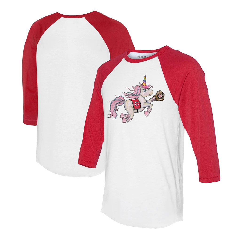 Unisex Tiny Turnip White/Red Cincinnati Reds Unicorn 3/4-Sleeve Raglan T-Shirt