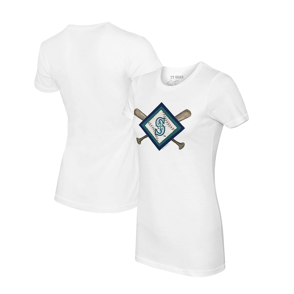 Women's Tiny Turnip White Seattle Mariners Diamond Cross Bats T-Shirt