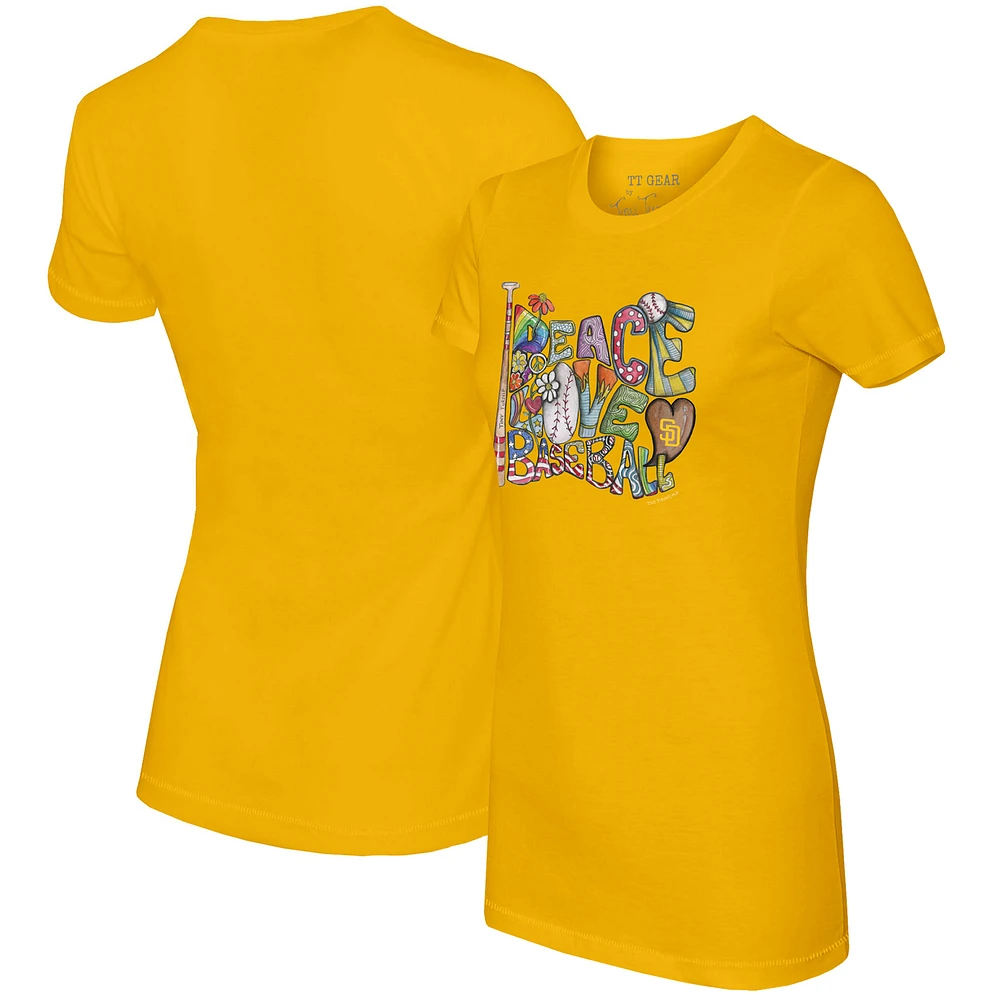 Women's Tiny Turnip Gold San Diego Padres Peace Love Baseball Fitted T-Shirt