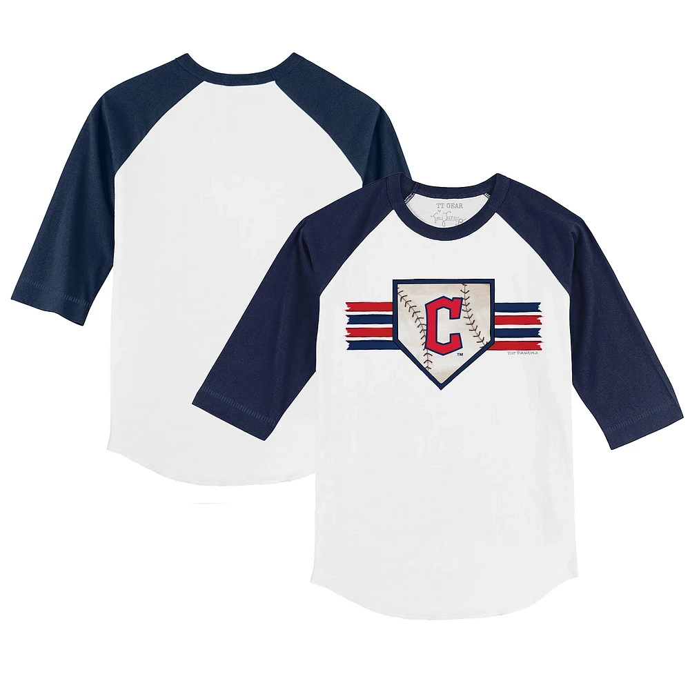 Infant Tiny Turnip White/Navy Cleveland Guardians Base Stripe Raglan 3/4 Sleeve T-Shirt