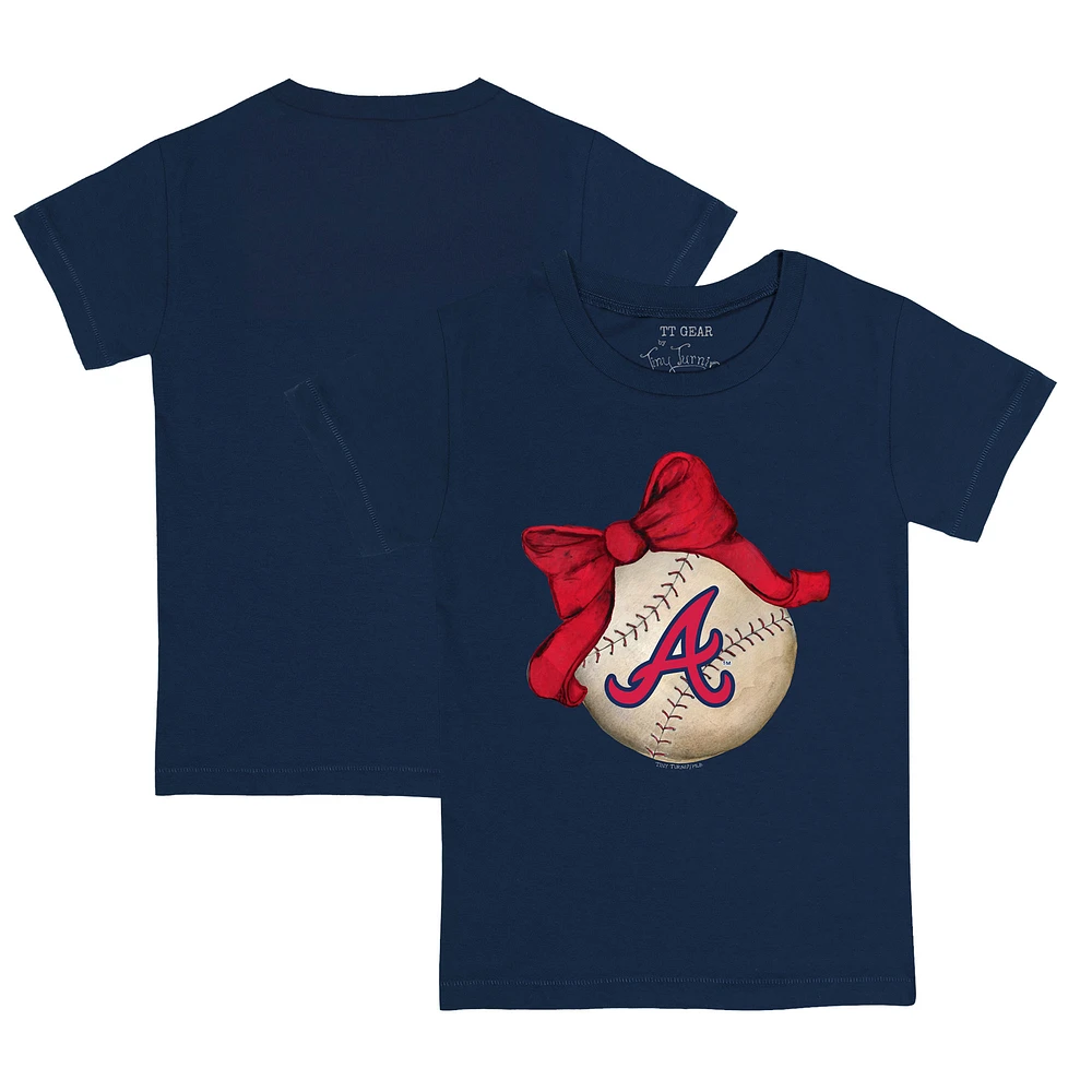 Infant Tiny Turnip Navy Atlanta Braves Baseball Bow T-Shirt