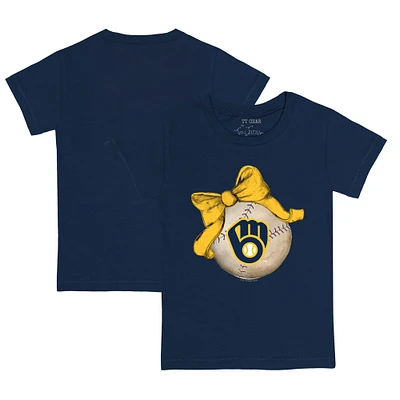 Infant Tiny Turnip Navy Milwaukee Brewers Baseball Bow T-Shirt