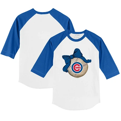Infant Tiny Turnip White/Royal Chicago Cubs Baseball Bow Raglan 3/4 Sleeve T-Shirt