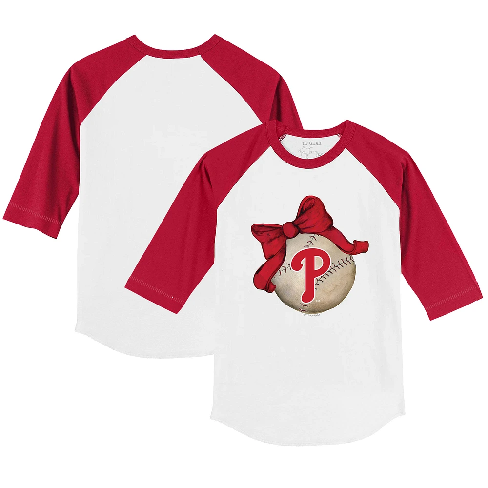 Infant Tiny Turnip White/Red Philadelphia Phillies Baseball Bow Raglan 3/4 Sleeve T-Shirt