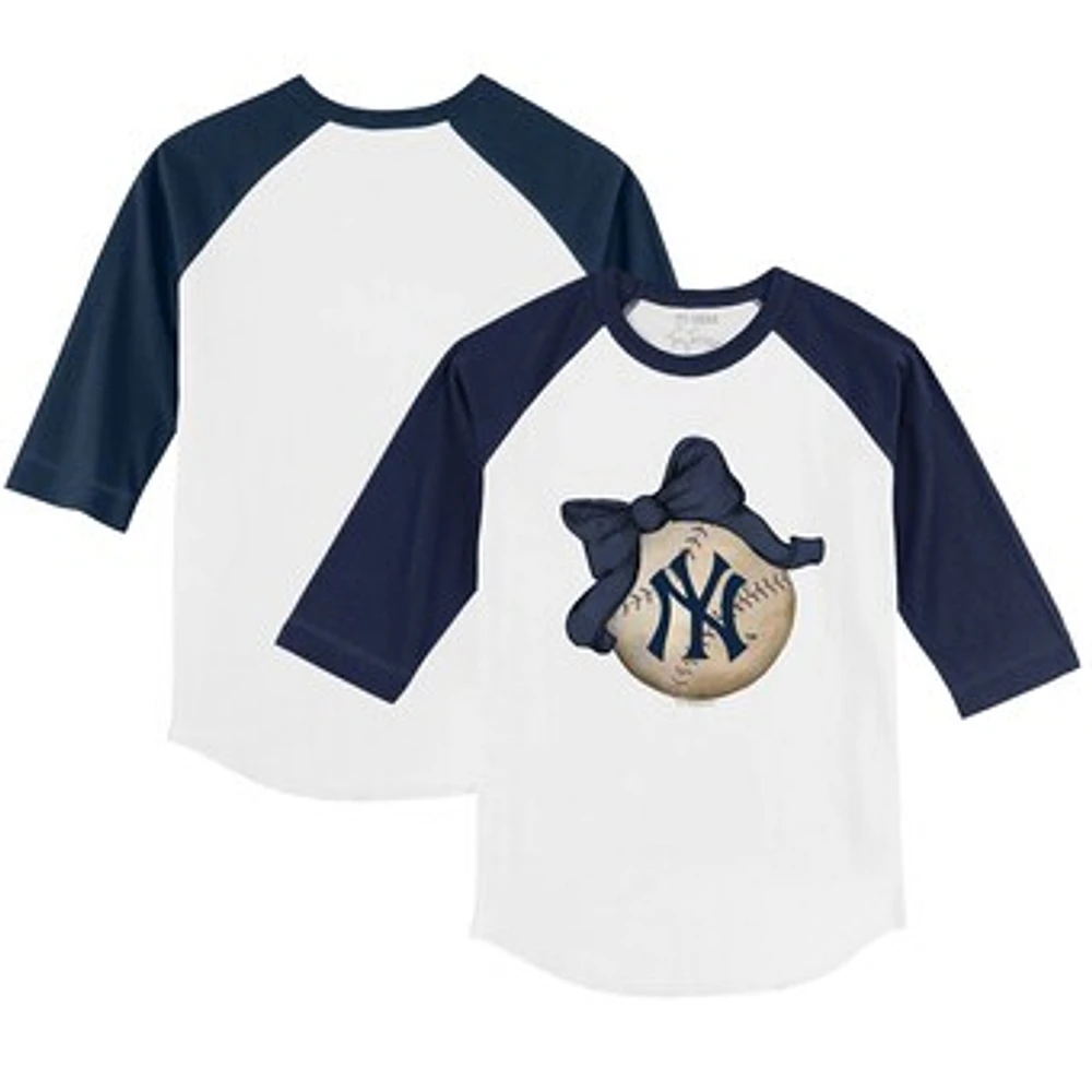 Infant Tiny Turnip White/Navy New York Yankees Baseball Bow Raglan 3/4 Sleeve T-Shirt