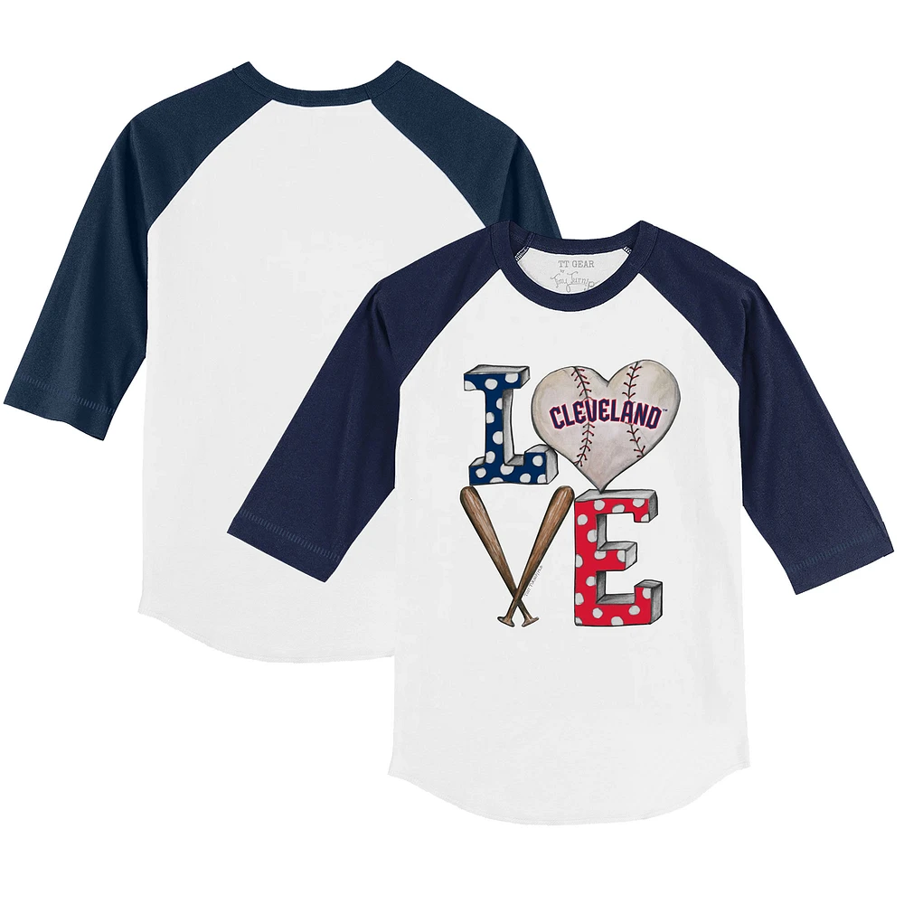Infant Tiny Turnip White/Navy Cleveland Guardians Baseball Love Raglan 3/4 Sleeve T-Shirt