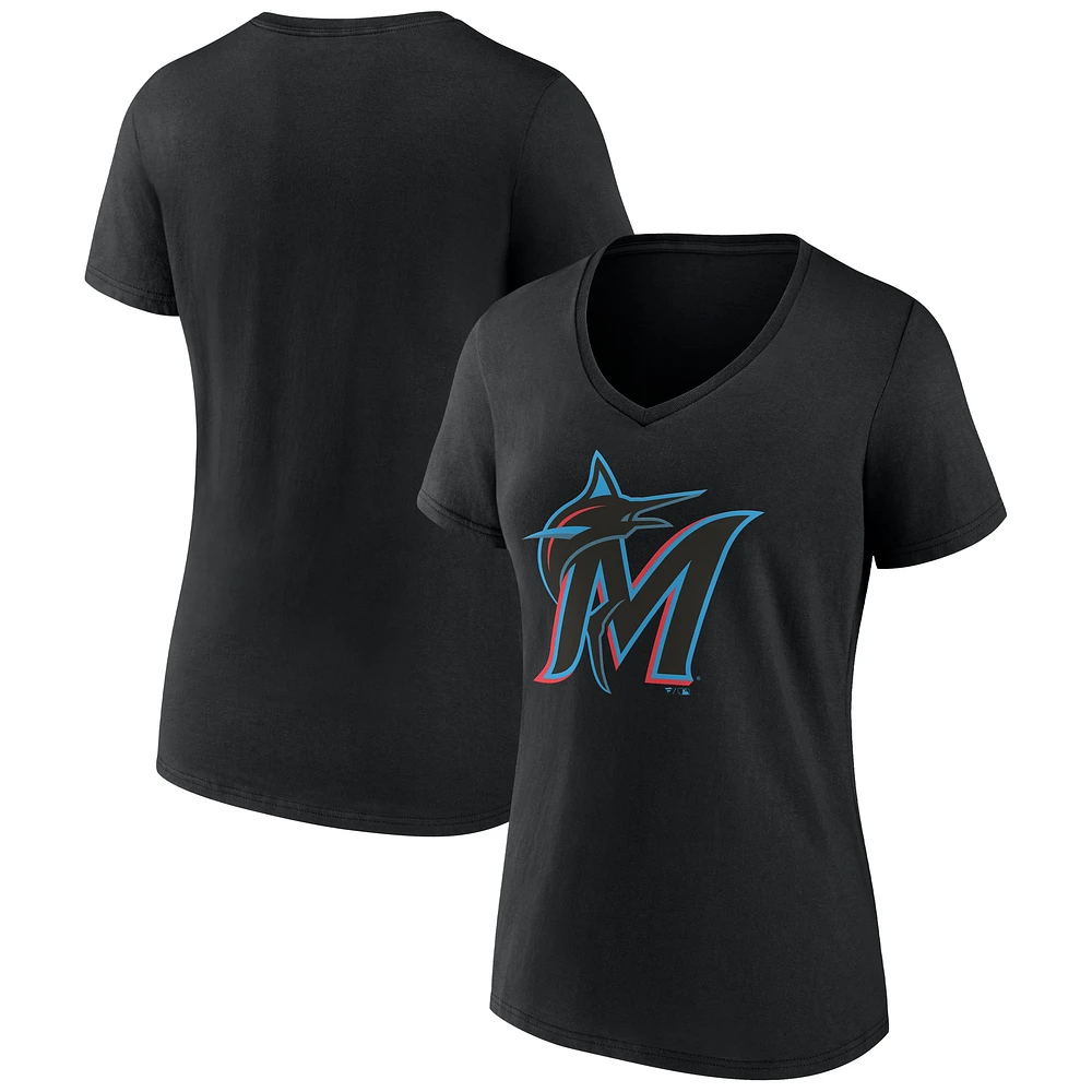 Women's Black Miami Marlins Logo V-Neck T-Shirt