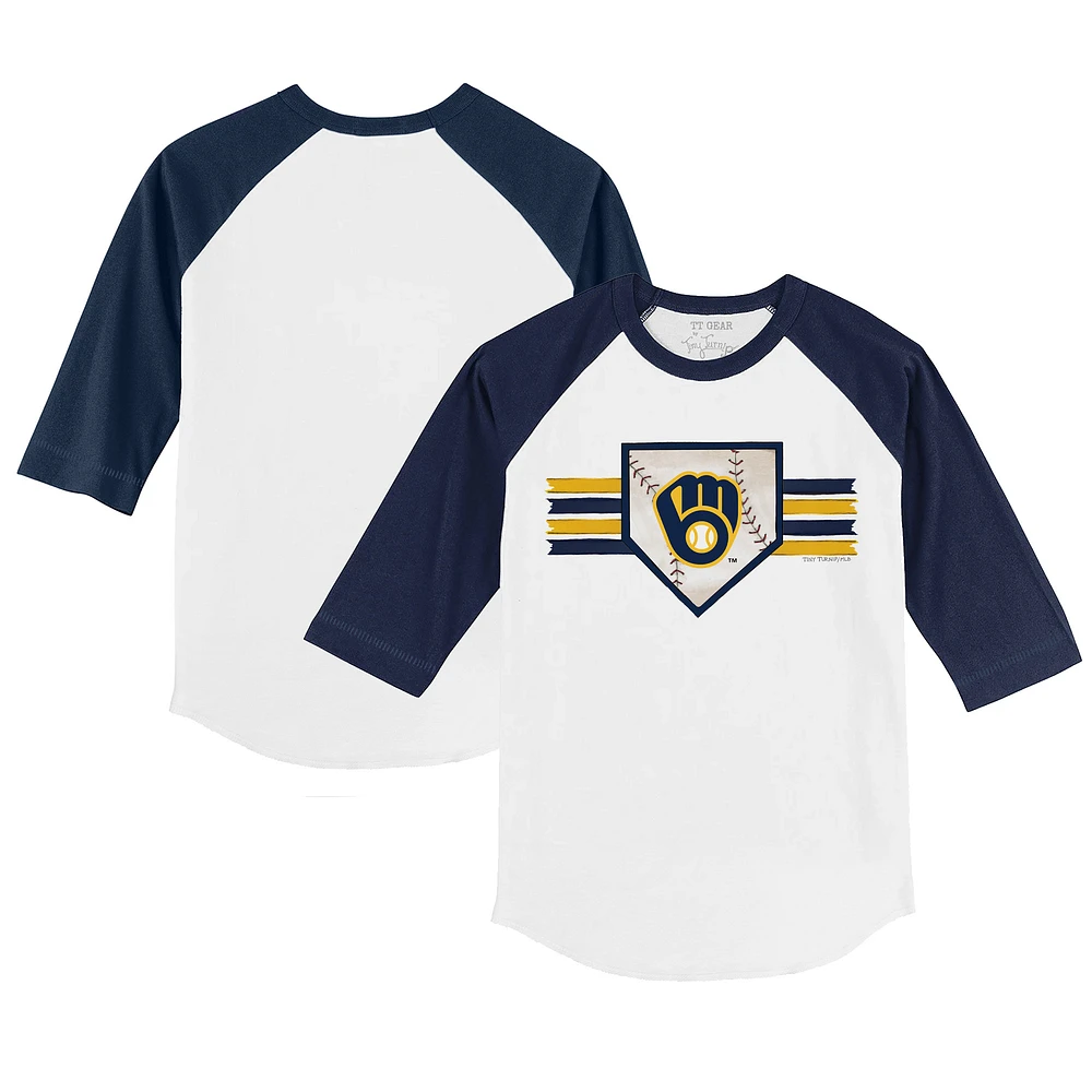 Toddler Tiny Turnip White/Navy Milwaukee Brewers Base Stripe 3/4-Sleeve Raglan T-Shirt