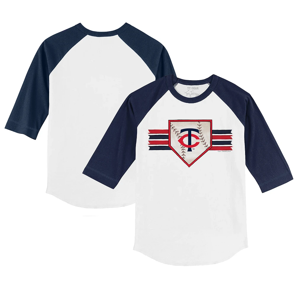Toddler Tiny Turnip White/Navy Minnesota Twins Base Stripe 3/4-Sleeve Raglan T-Shirt