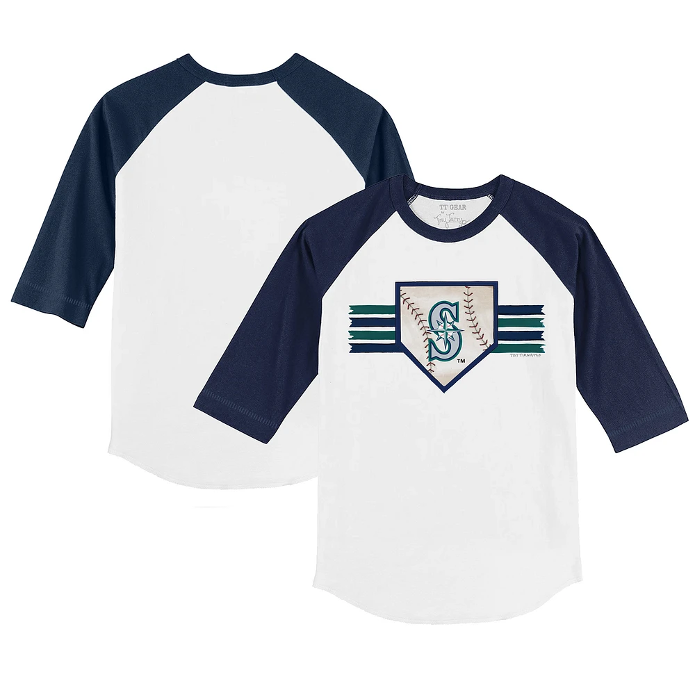 Toddler Tiny Turnip White/Navy Seattle Mariners Base Stripe 3/4-Sleeve Raglan T-Shirt