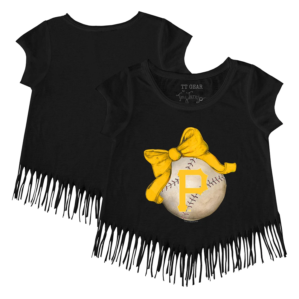 Girls Toddler Tiny Turnip Black Pittsburgh Pirates Baseball Bow Fringe T-Shirt