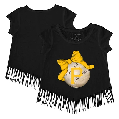 Girls Toddler Tiny Turnip Black Pittsburgh Pirates Baseball Bow Fringe T-Shirt