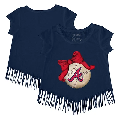 Girls Toddler Tiny Turnip Navy Atlanta Braves Baseball Bow Fringe T-Shirt