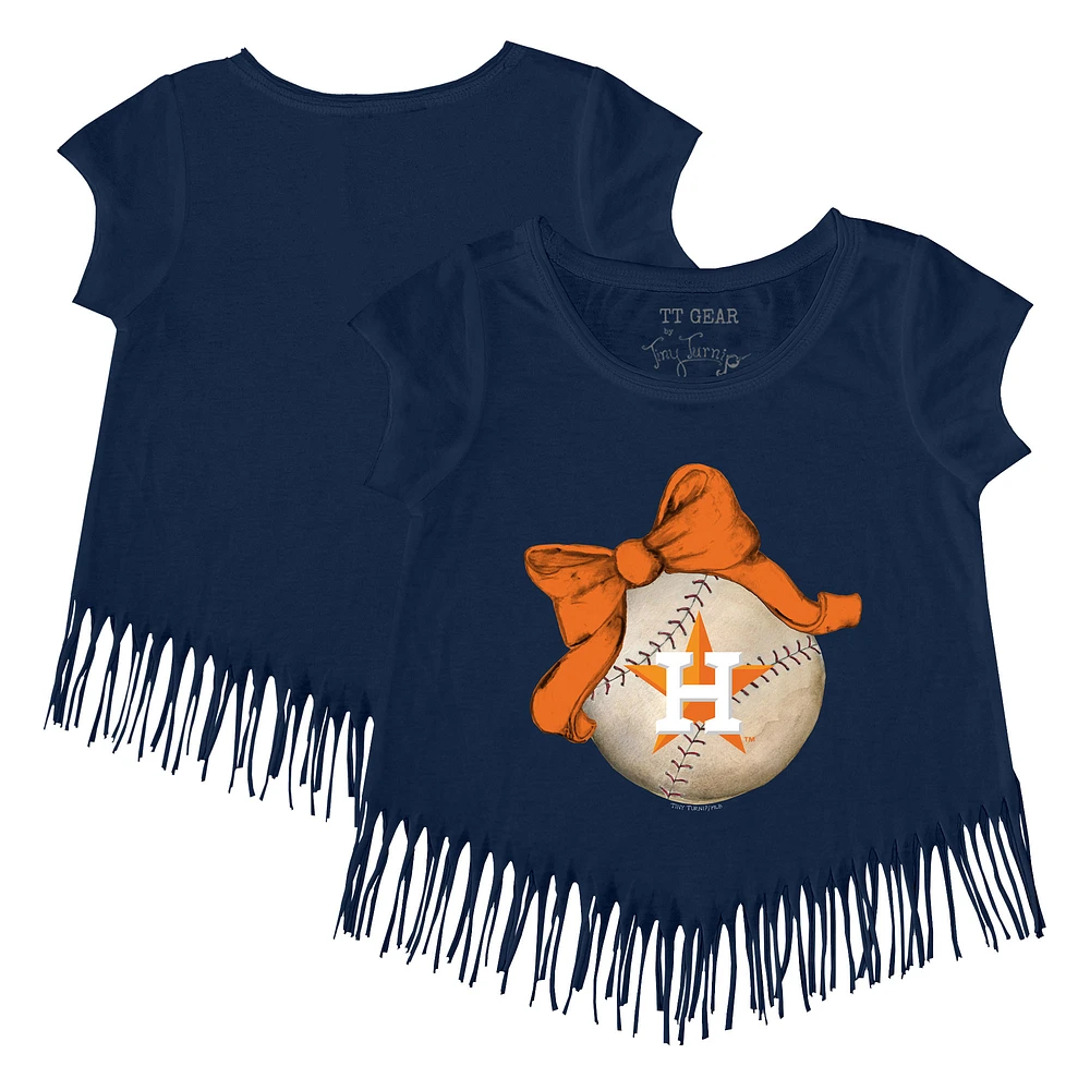 Girls Toddler Tiny Turnip Navy Houston Astros Baseball Bow Fringe T-Shirt