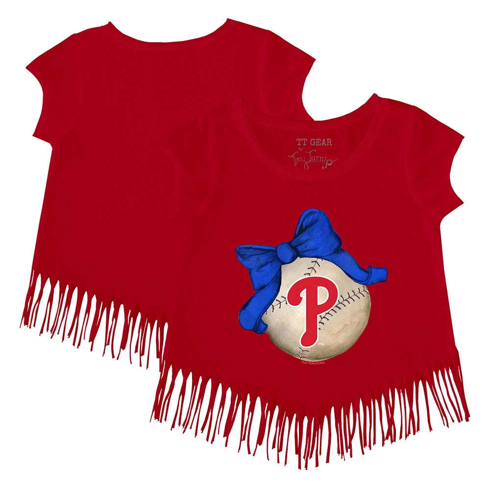Girls Toddler Tiny Turnip Red Philadelphia Phillies Baseball Bow Fringe T-Shirt