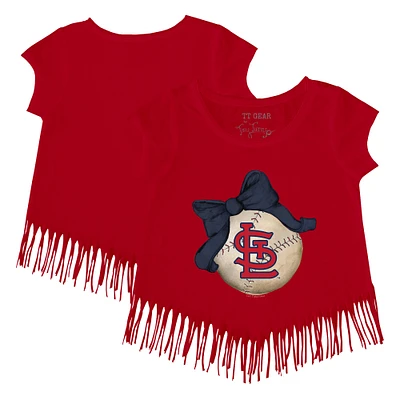Girls Toddler Tiny Turnip Red St. Louis Cardinals Baseball Bow Fringe T-Shirt