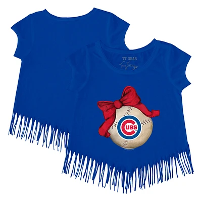 Girls Toddler Tiny Turnip Royal Chicago Cubs Baseball Bow Fringe T-Shirt