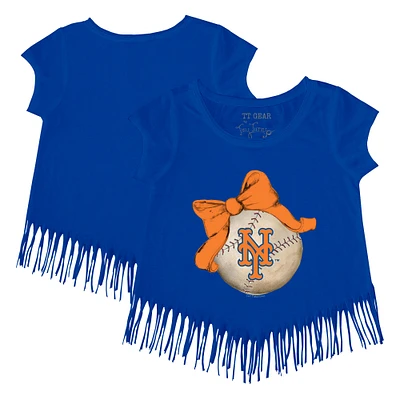 Girls Toddler Tiny Turnip Royal New York Mets Baseball Bow Fringe T-Shirt