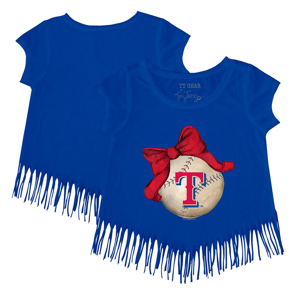 Girls Toddler Tiny Turnip Royal Texas Rangers Baseball Bow Fringe T-Shirt