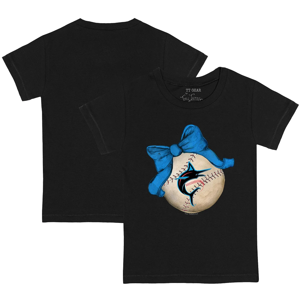 Toddler Tiny Turnip Black Miami Marlins Baseball Bow T-Shirt