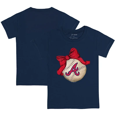 Toddler Tiny Turnip Navy Atlanta Braves Baseball Bow T-Shirt