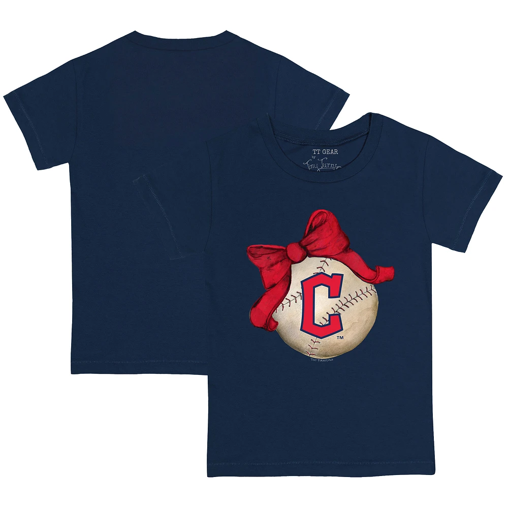 Toddler Tiny Turnip Navy Cleveland Guardians Baseball Bow T-Shirt
