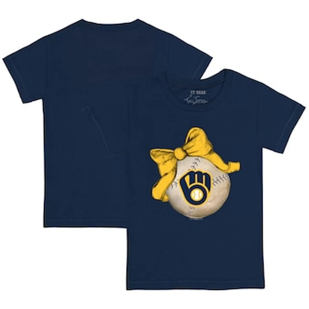 Toddler Tiny Turnip Navy Milwaukee Brewers Baseball Bow T-Shirt