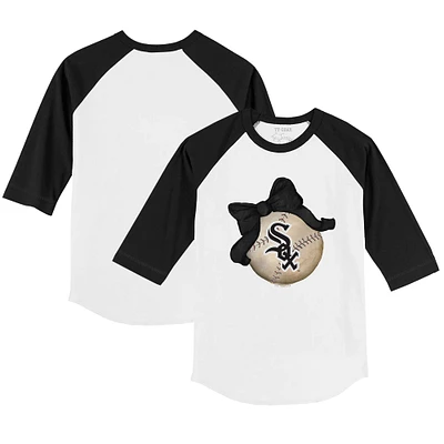 Toddler Tiny Turnip White/Black Chicago White Sox Baseball Bow 3/4-Sleeve Raglan T-Shirt