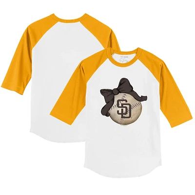 Toddler Tiny Turnip White/Gold San Diego Padres Baseball Bow 3/4-Sleeve Raglan T-Shirt