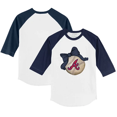 Toddler Tiny Turnip White/Navy Atlanta Braves Baseball Bow 3/4-Sleeve Raglan T-Shirt