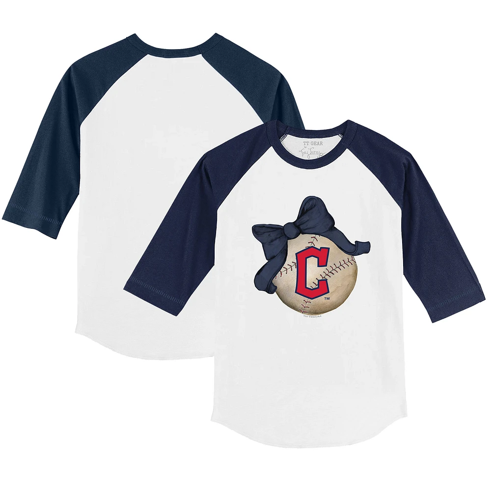 Toddler Tiny Turnip White/Navy Cleveland Guardians Baseball Bow 3/4-Sleeve Raglan T-Shirt
