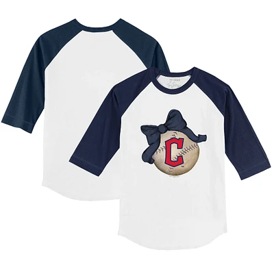 Toddler Tiny Turnip White/Navy Cleveland Guardians Baseball Bow 3/4-Sleeve Raglan T-Shirt