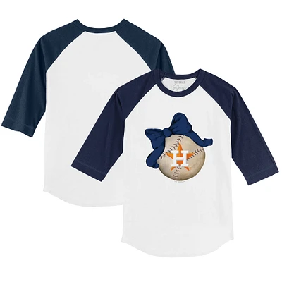 Toddler Tiny Turnip White/Navy Houston Astros Baseball Bow 3/4-Sleeve Raglan T-Shirt