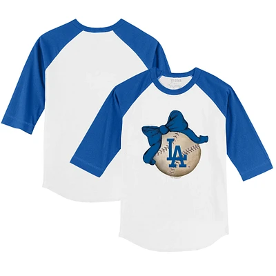 Toddler Tiny Turnip White/Royal Los Angeles Dodgers Baseball Bow 3/4-Sleeve Raglan T-Shirt