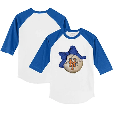Toddler Tiny Turnip White/Royal New York Mets Baseball Bow 3/4-Sleeve Raglan T-Shirt