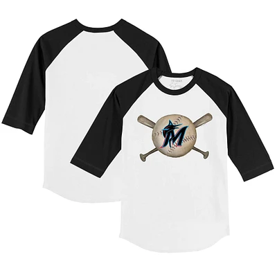 Toddler Tiny Turnip White/Black Miami Marlins Baseball Cross Bats 3/4-Sleeve Raglan T-Shirt