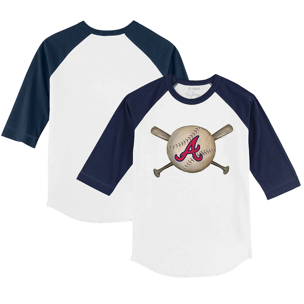 Toddler Tiny Turnip White/Navy Atlanta Braves Baseball Cross Bats 3/4-Sleeve Raglan T-Shirt
