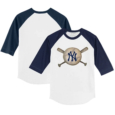 Toddler Tiny Turnip White/Navy New York Yankees Baseball Cross Bats 3/4-Sleeve Raglan T-Shirt