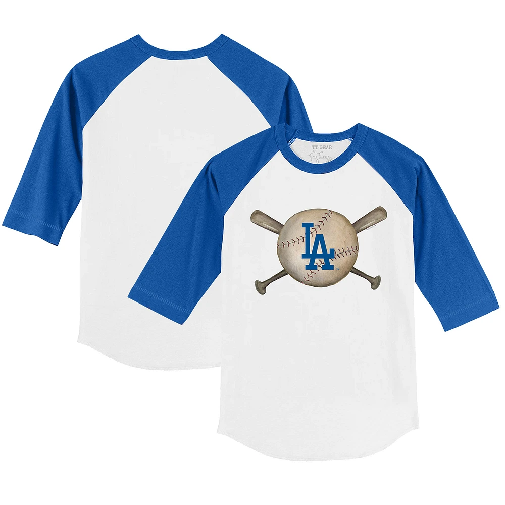 Toddler Tiny Turnip White/Royal Los Angeles Dodgers Baseball Cross Bats 3/4-Sleeve Raglan T-Shirt