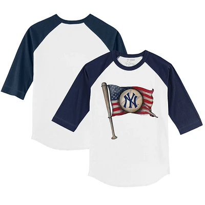 Toddler Tiny Turnip White/Navy New York Yankees Baseball Flag 3/4-Sleeve Raglan T-Shirt