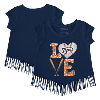 Girls Toddler Tiny Turnip Navy Detroit Tigers Baseball Love Fringe T-Shirt